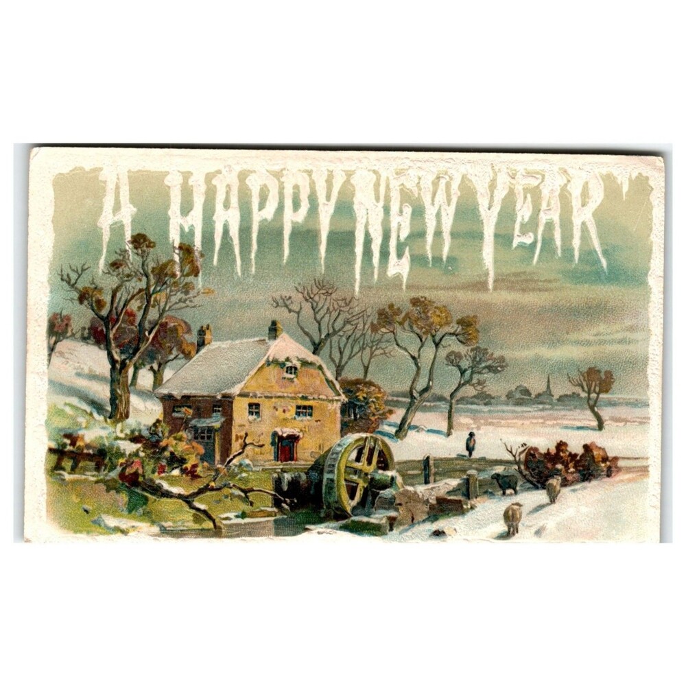 Vintage New Year Postcard Winter Watermill Scene Embossed Icicle Text Germany